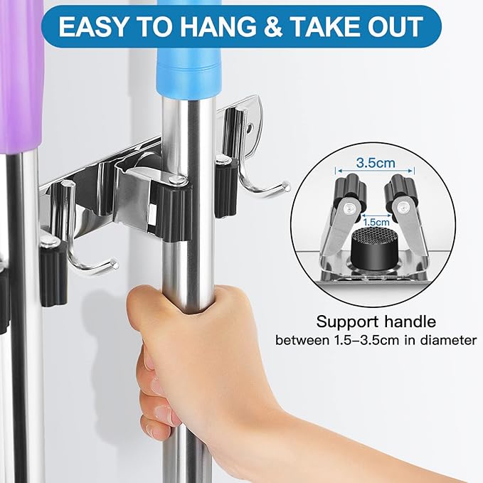 IMILLET Broom Holder Wall Mounted, Stainless Steel Broom Mop Holder Self - Image 3