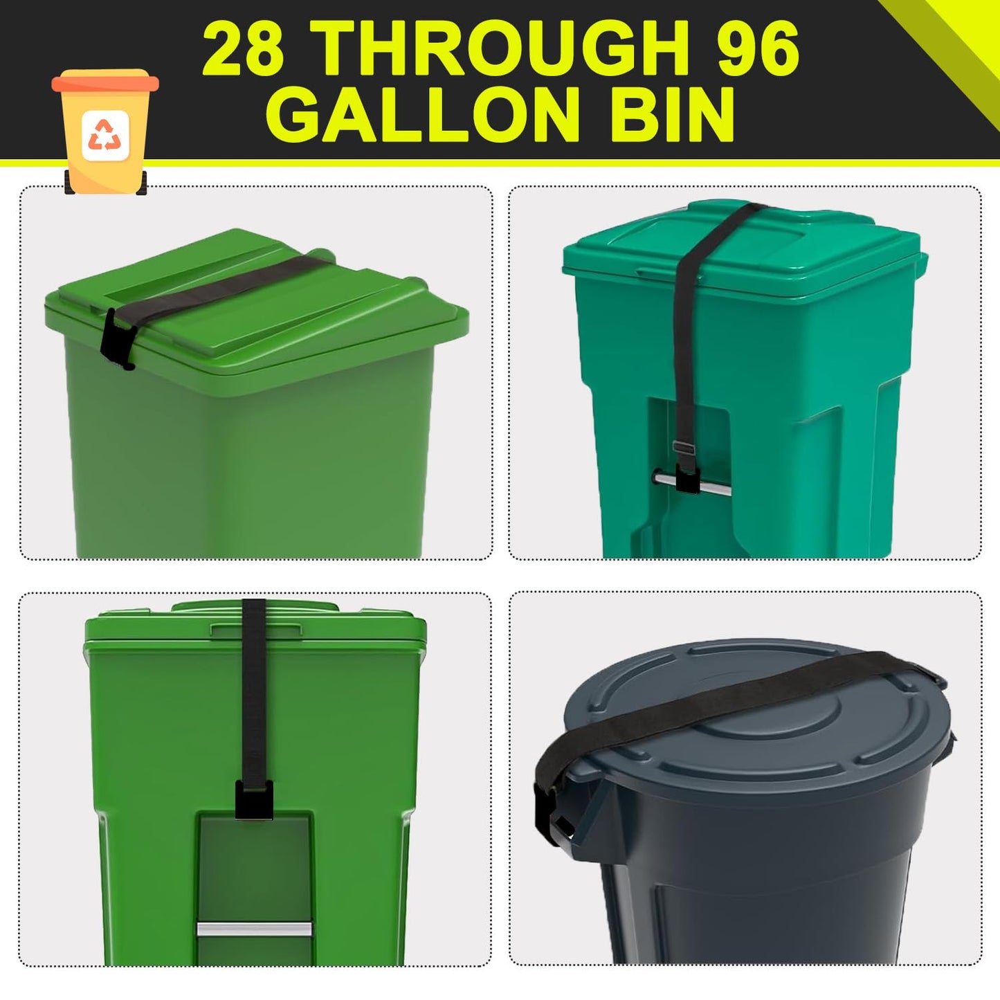GripHandle Metal Double-Claw Trash Can Lid Lock Strap for Animals,Bungee Cord with Hooks for Trash Bin Garbage Pail,Outdoor Outside Trash Lid Holder to Keep Raccoons Out,Fits 20-96 Gallon Cans - 1pc