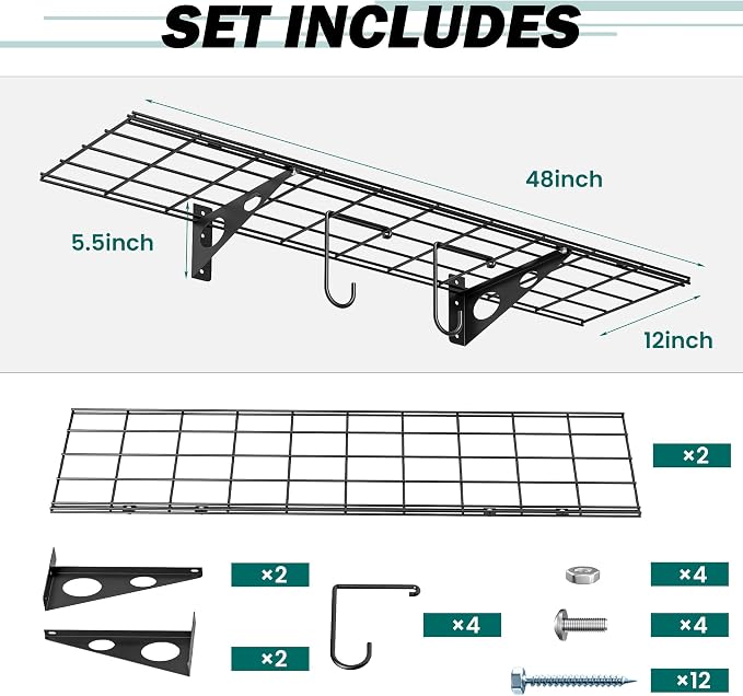 EVERHANGER Garage Wall Shelves, 12 X 48 Inch Wall Mounted Storage Shelves - Image 2