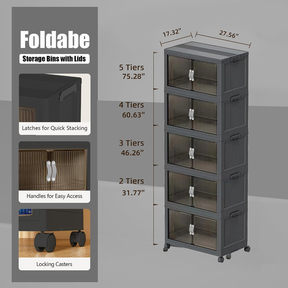 Collapsible Storage Bins with Lids Dark Grey Stackable Plastic Organizers for...