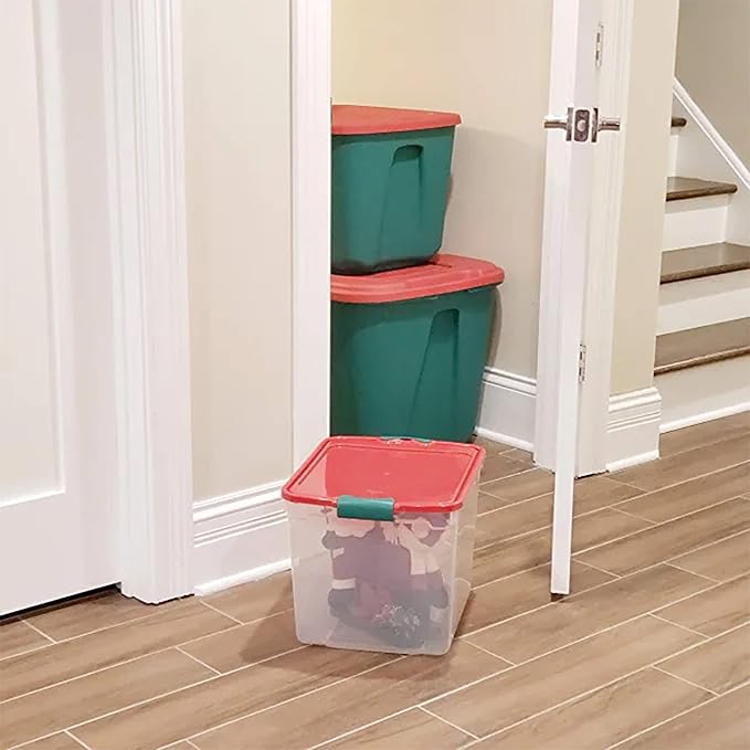 HOMZ 4-Pack Holiday Tote, Plastic Storage Organizer Bins