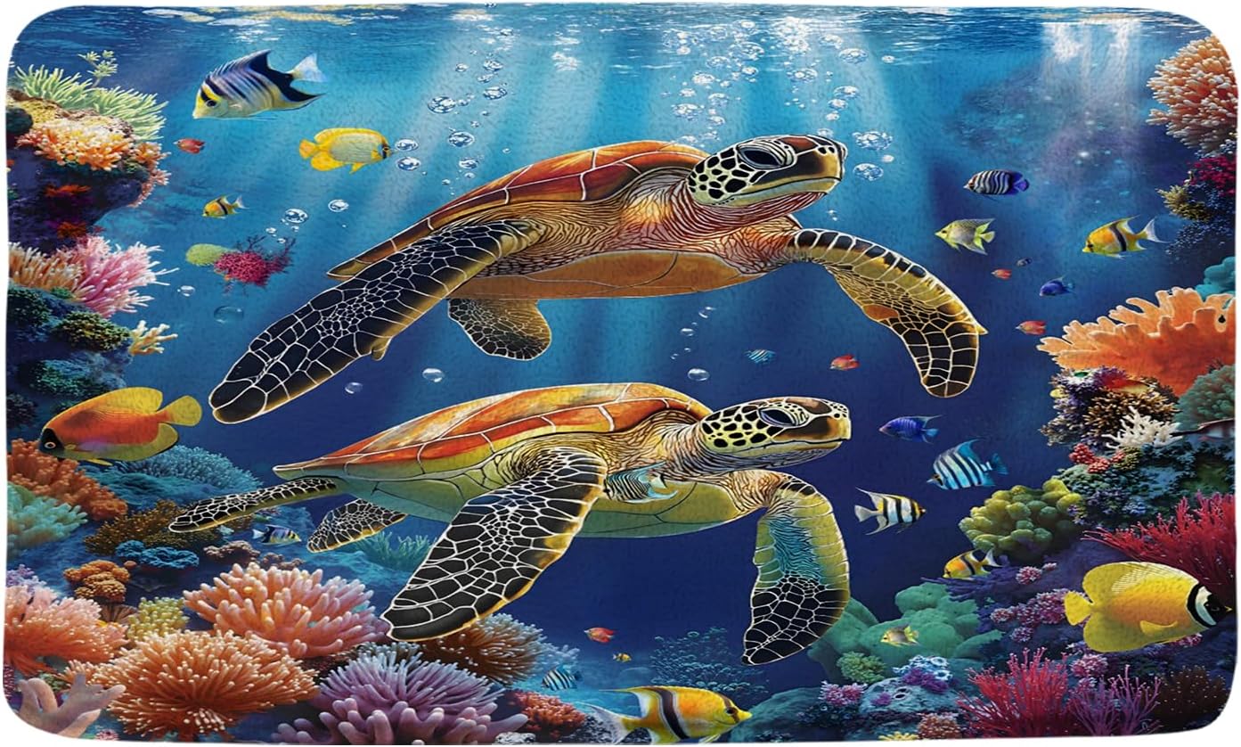 Sea Turtle Bath Mat Tropical Blue Ocean Animal Underwater World Coastal Fantasy Marine Life Fish Seabed in The Deep Sea Reef Bathroom Rug Toilet Doormat Floor Carpet Rugs Decor 17.8x29.5 Inch
