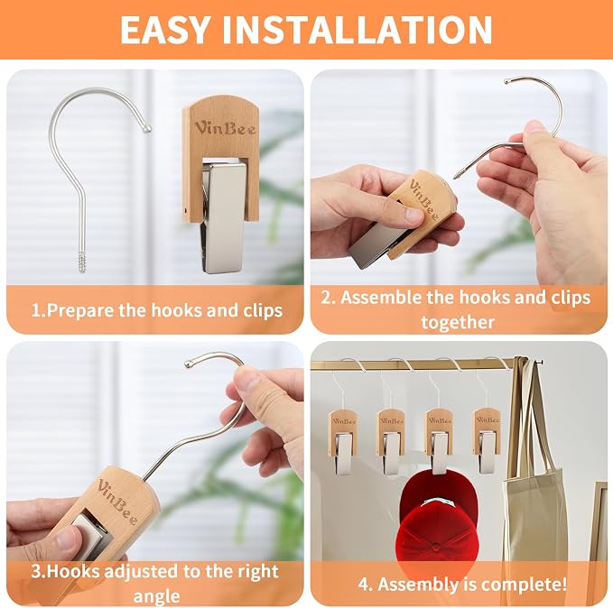 VinBee 6 PCS Hooks with Clips for Hanging, Wooden Laundry Hooks Hanging Clips - Image 3