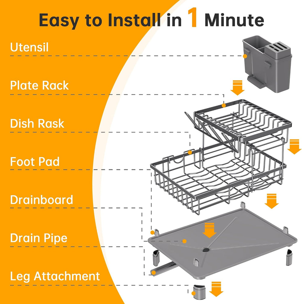 2 Tier Large Detachable Dish Drying Rack for Kitchen Counter, Gray