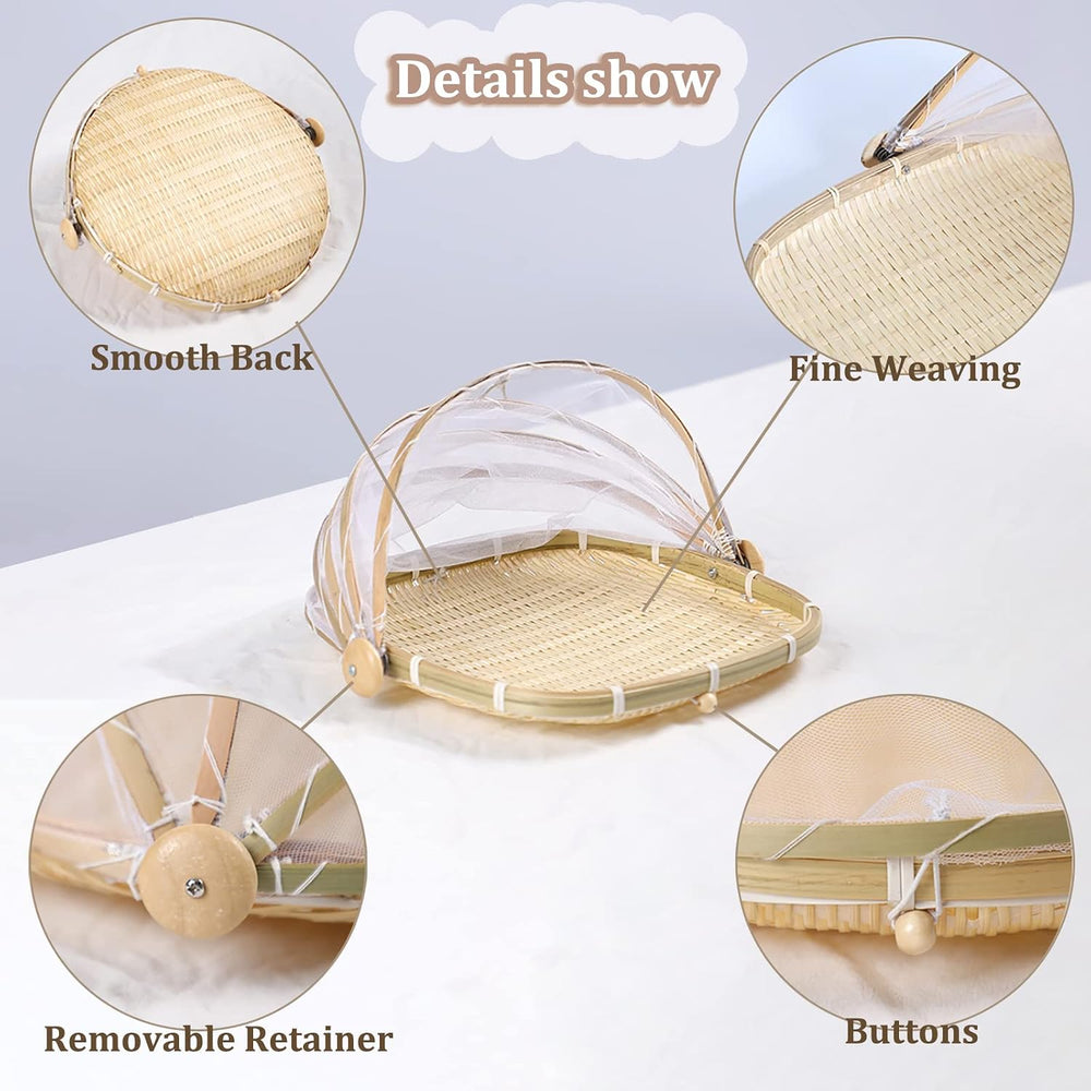 3Pcs Bamboo Food Serving Tent Basket with Cover, Square Hand-Woven Covered Br...