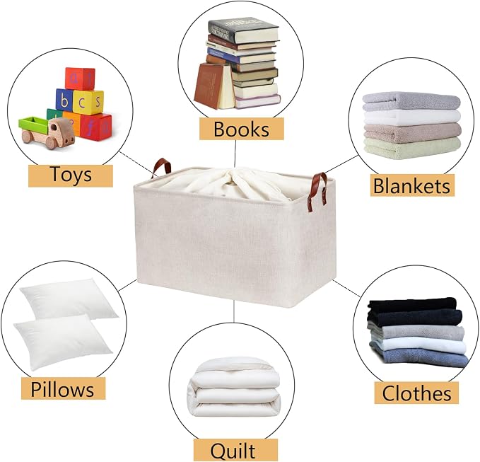 DULLEMELO Large Beige Storage Basket 70L Oversized Canvas Fabric Storage Bin - Image 7
