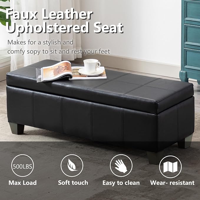 51 Inch Black Faux Leather Ottoman