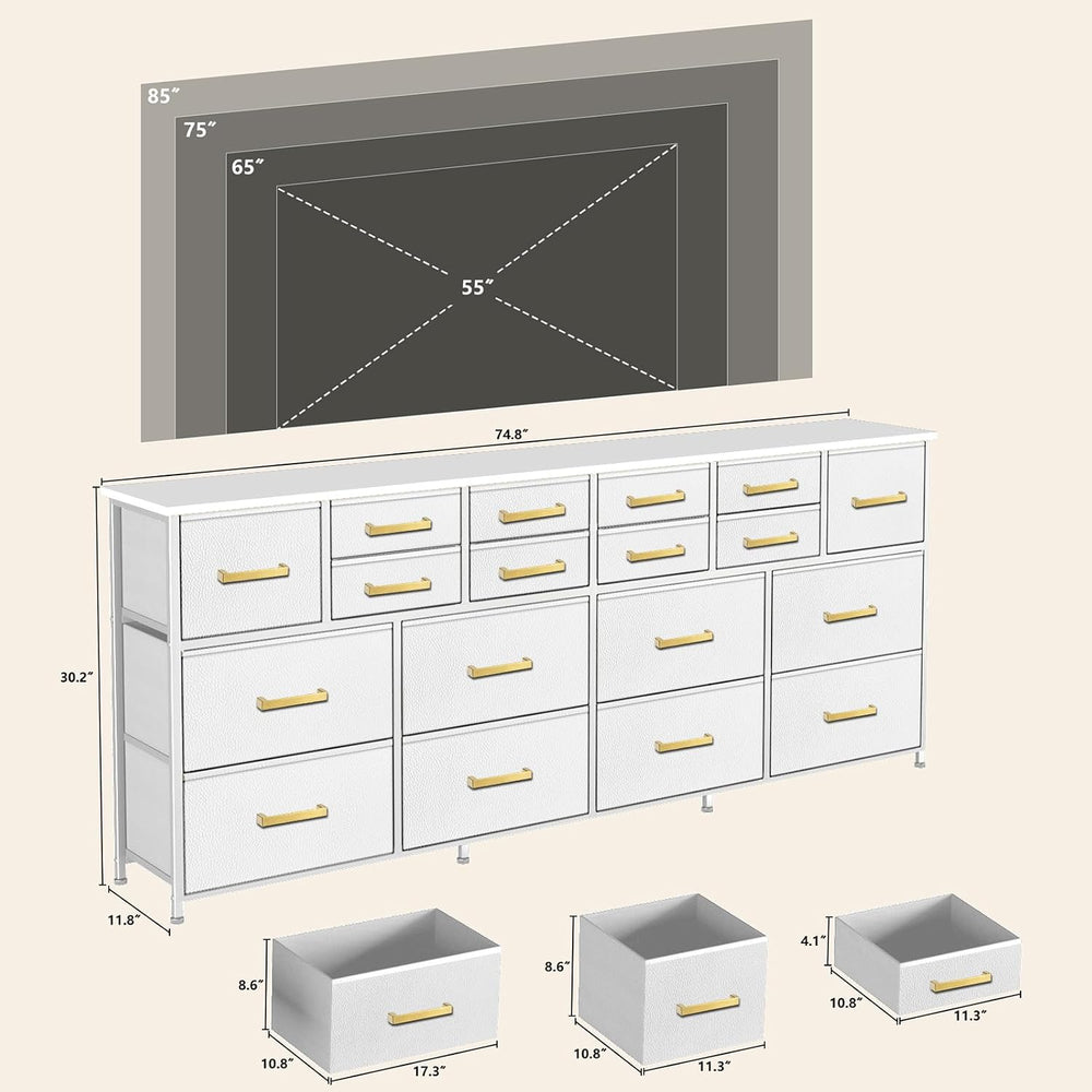 VASICAR 74.8 Inch Wide TV Stand, Dressers for Bedroom with Fabric Drawers