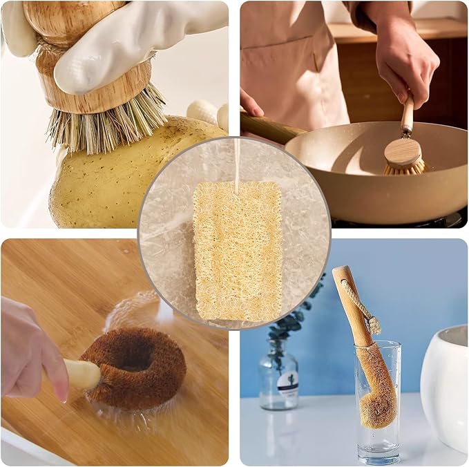 Haploon 7 Piece Wooden Dish Brush Natural, Bamboo Brush Kitchen Set Dish - Image 7