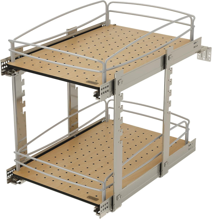 Rev-A-Shelf 2 Tier Pull Out Kitchen Cabinet Storage Organizer with Solid Bottom & Undermount Soft-Close Full Extension Slides, Min Opening Width of 14", 54BK-15SC-2-1
