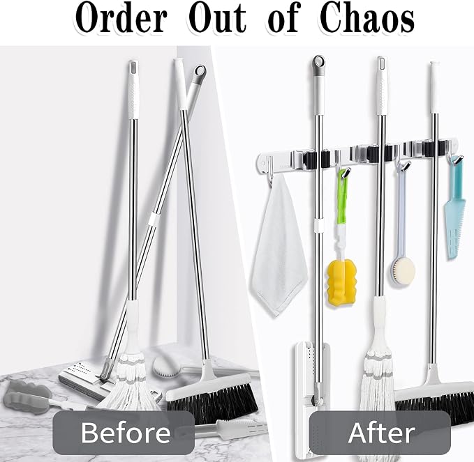 3 Racks and 4 Hooks Broom and Mop Holder Wall Mounted Garage Organizer Storage - Image 6