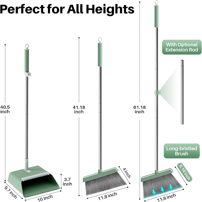 JOYMOOP Dark Teal Green Broom and Dustpan Set, Upright Angle - Image 4