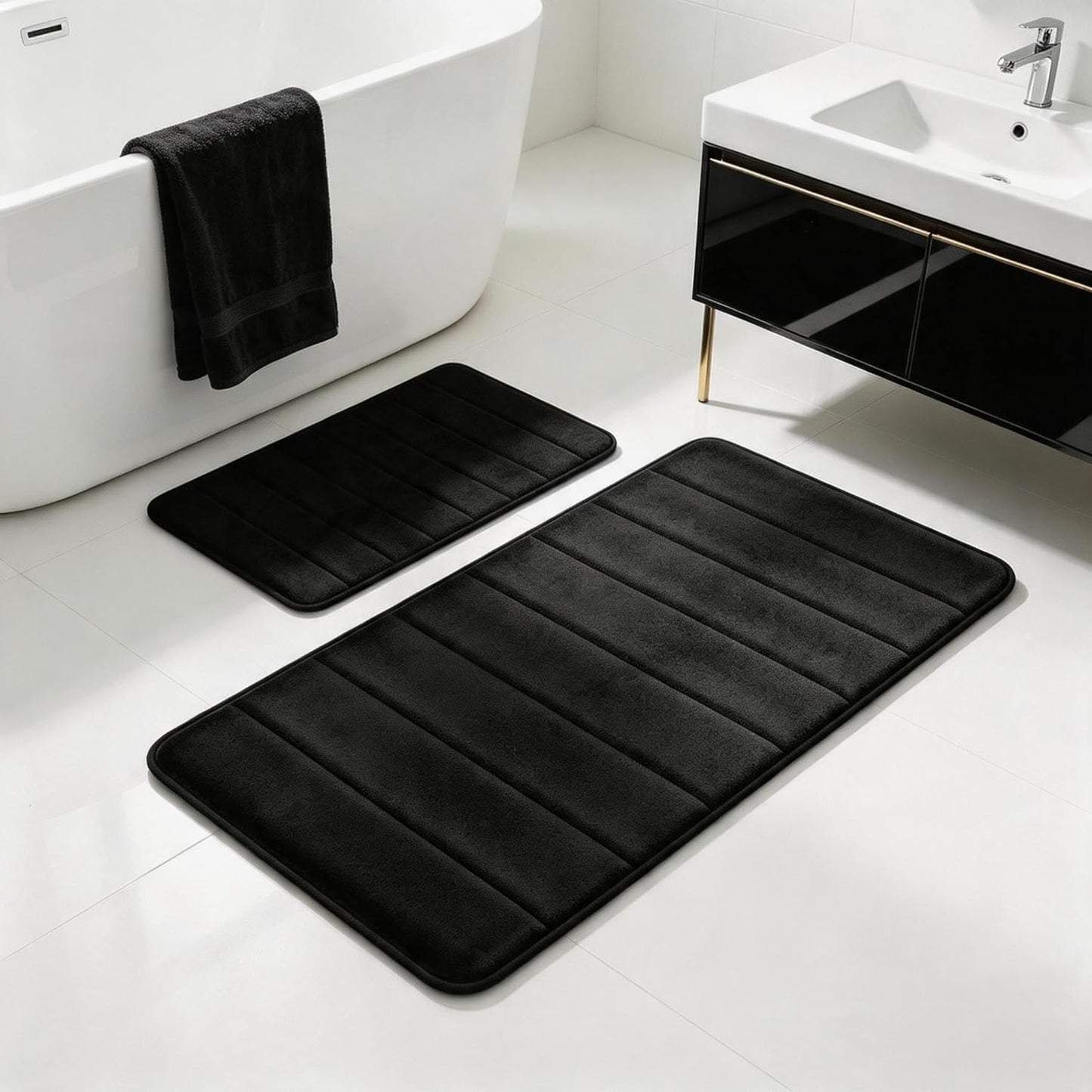 Black Bathroom Rugs Set 2 Piece Memory Foam Bath Rugs Non-Slip Bath Mat,Washable Room Mats,Absorbent Shaggy Rug Super Soft Kitchen Mats, Batroom Carpets for Bathroom,Tub,Shower Home Decor