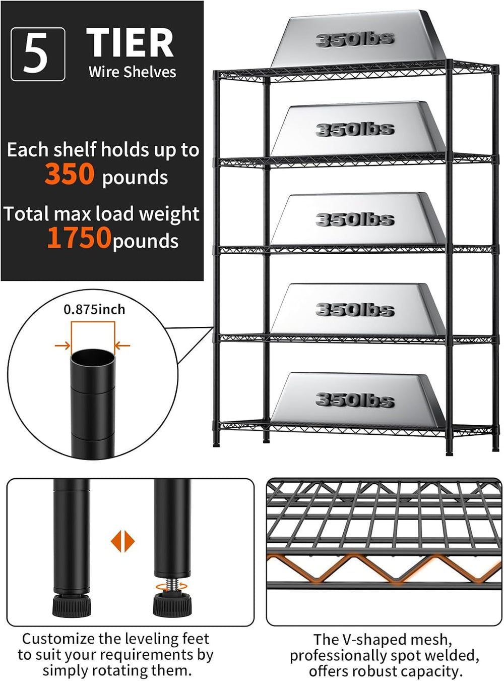 Golpart 5Tier Adjustable Storage Shelves Metal Wire Shelving Standing Shelf