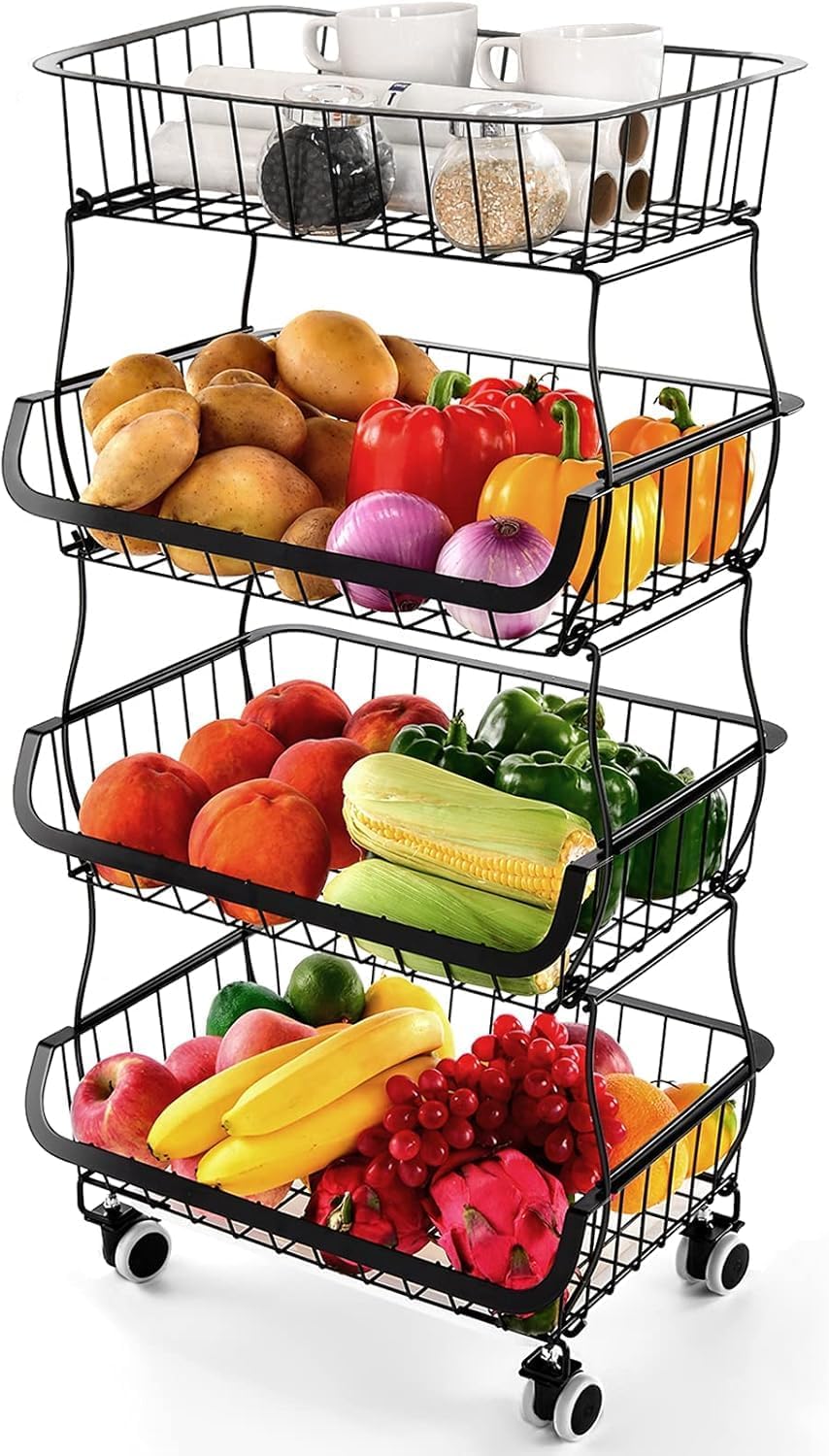 Fruit Vegetable Storage Basket, 4 Tier Stackable Metal Wire Storage Baskets w...