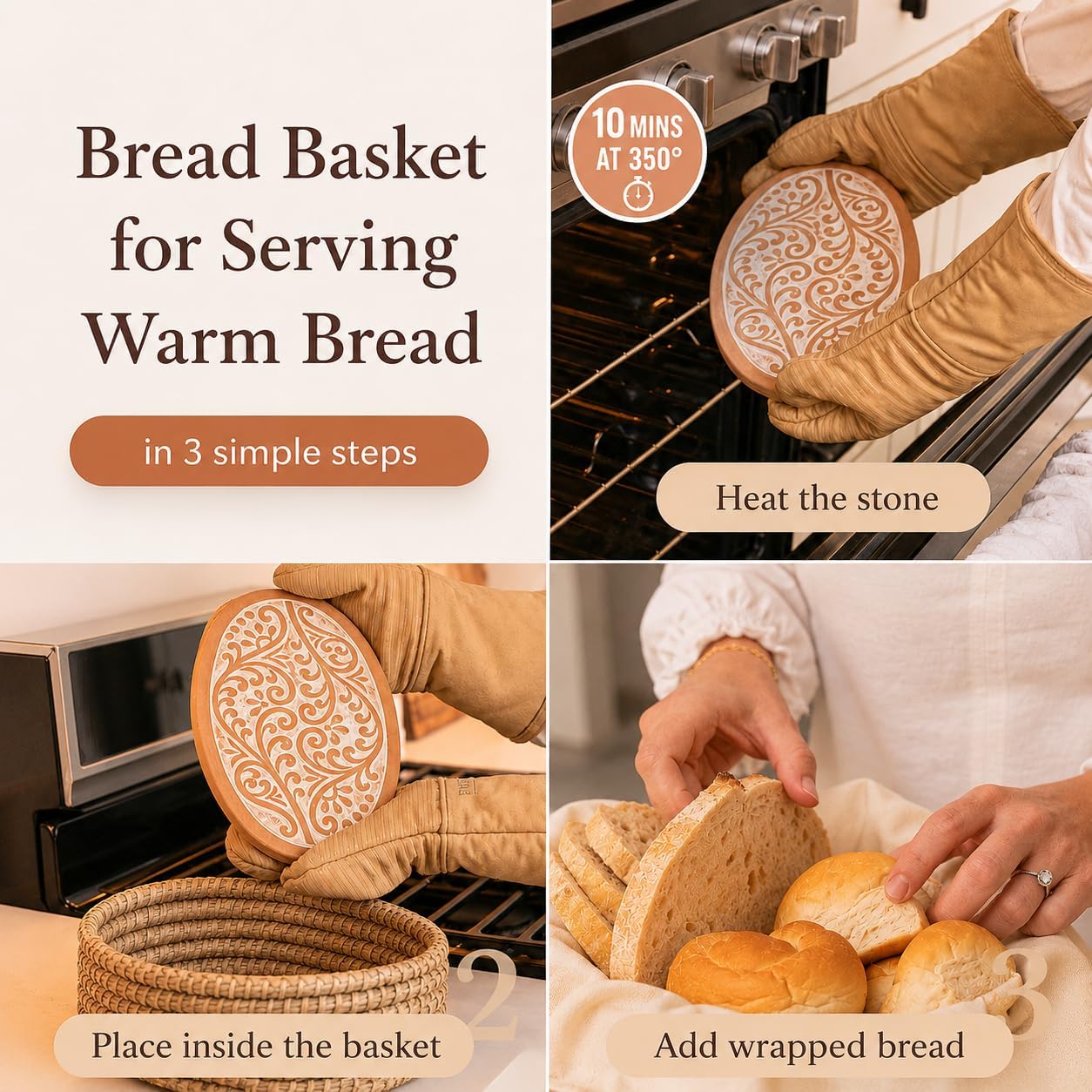 Bread Warmer Basket with Stone, Bread Basket for Serving Rolls & Sourdough | Terracotta Warming Stone Keeps Bread & Tortillas Warm, Gift for Bakers, Hostess Gift, Housewarming, Birthday