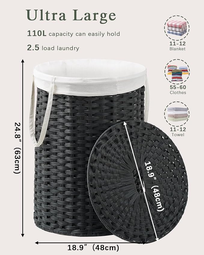 Laundry Basket with Lid Round Rattan Laundry Hamper with Lid and Handles 29.1 - Image 4