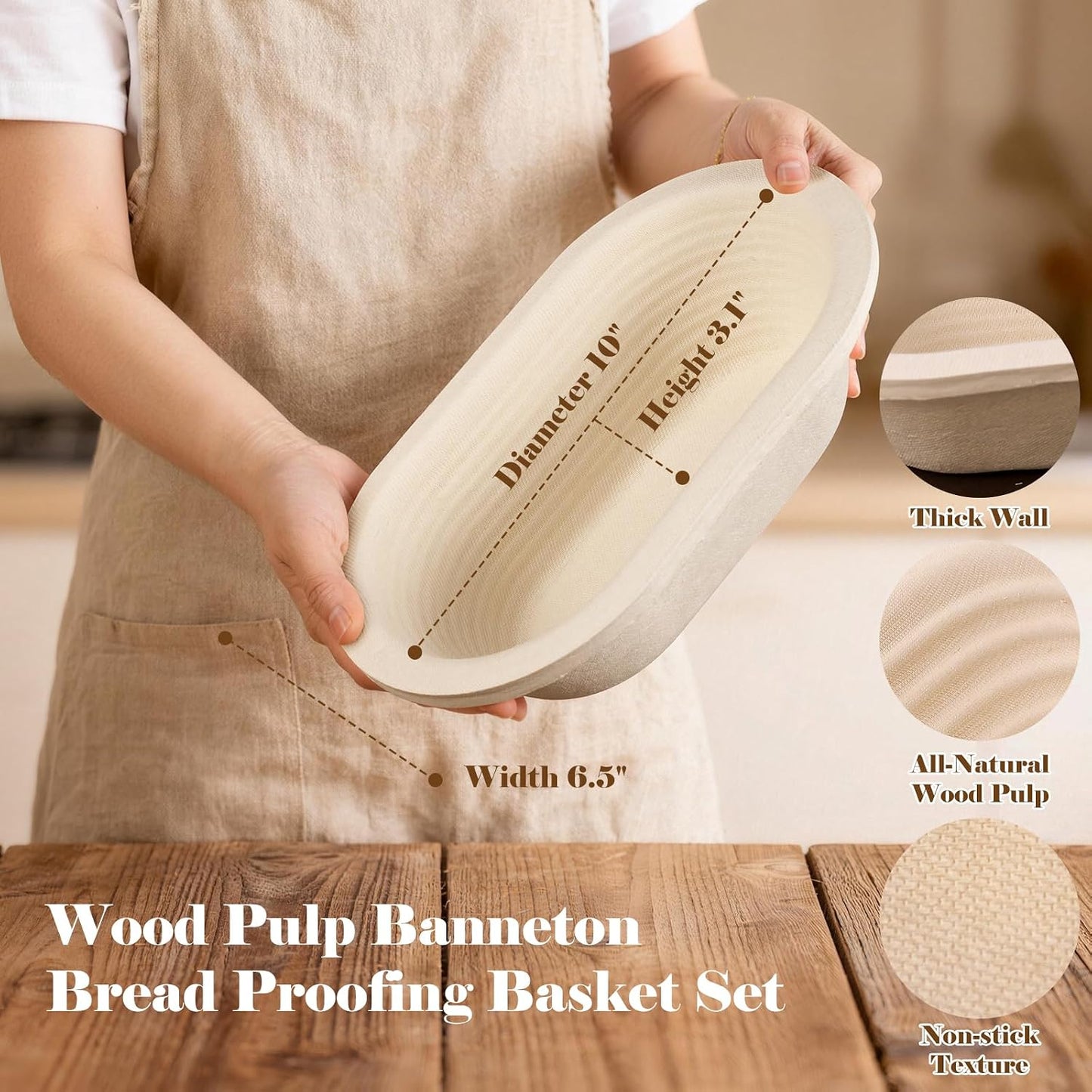 Non-Stick Wood Pulp Banneton Bread Proofing Basket Set With Aliquot Jar, 9" Round & 10'' Oval Sourdough Banneton Basket Kit, Bread Making Tool Sourdough Starter Kit with Proofing Bowl