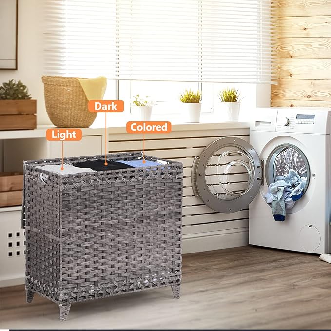 Laundry Hamper with 3 Removable Liner Bags; 132L Handwoven Rattan Laundry - Image 9