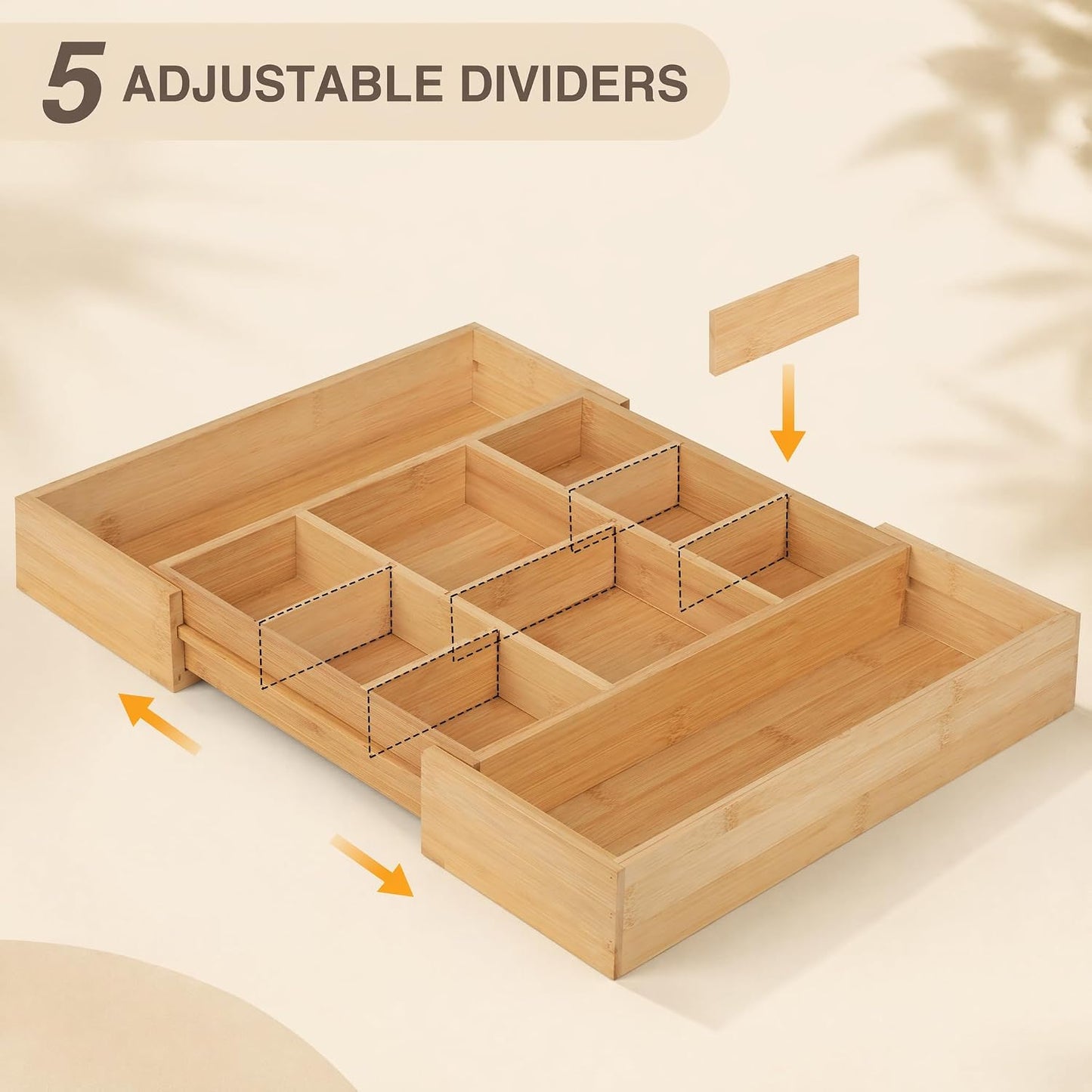 Bamboo Drawer Organizer Expandable Desk Storage Set, 10 Adjustable Compartment Junk Drawer Divider and Trays Containers for Kitchen Utensil, Office Supplies, Makeup, Jewelry & Cosmetics Organization