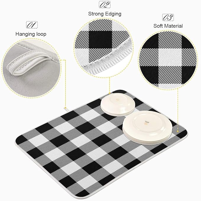 White and Black Buffalo Plaid Dish Drying Mat 18x24 - Image 4