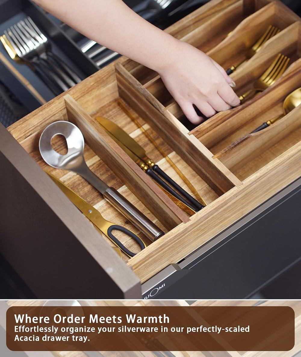 Silverware Drawer Organizer, Acacia Wood Tray for Cutlery & Flatware | Fi...
