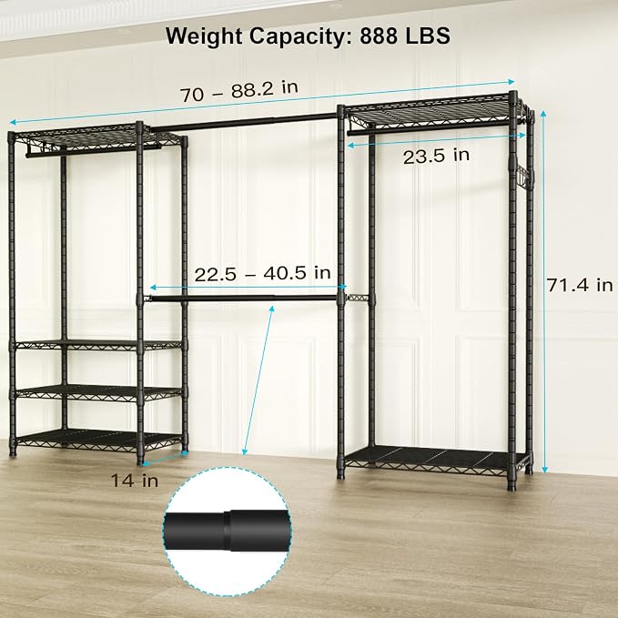 Ulif E1 Heavy Duty Closet Garment Rack, 6 Tiers Adjustable Metal Freestanding - Image 6
