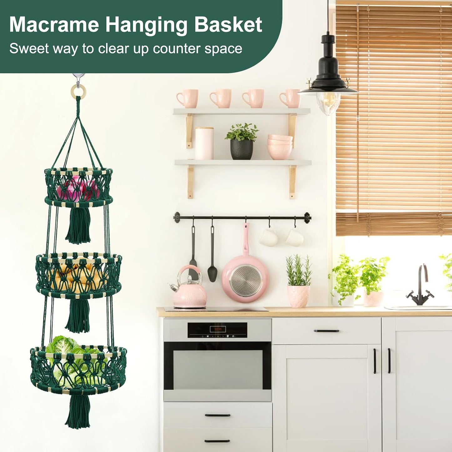 3 Tier Macrame Hanging Basket Hanging Fruit Basket for Kitchen | Cotton Rope Woven Basket for Fruit and Vegetable Storage, Space-Saving Kitchen Use, Decorative Boho Decor, Small Plant Holder