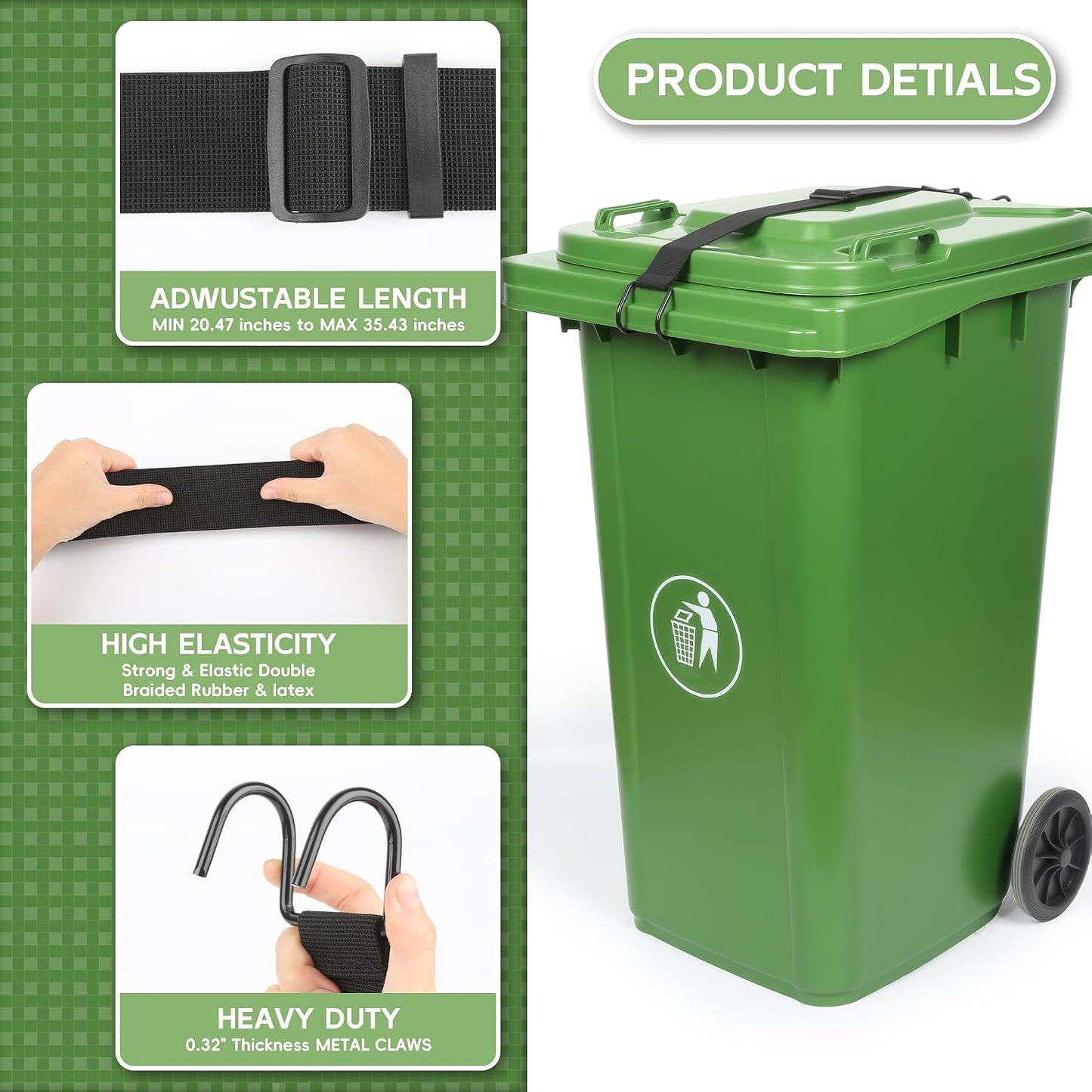2PCS Trash Can Locks,Adjustable Animal-Proof & Windproof Garbage | Can Lid Lock, Universal Fit for 28-96 Gallon Outdoor Bins, Effectively Prevents Raccoons from Rummaging through Trash Cans