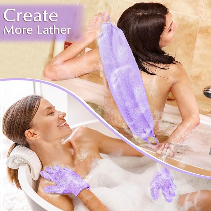 Anezus Exfoliating Back Scrubber Bath Gloves Set, Exfoliating Shower Towel - Image 2