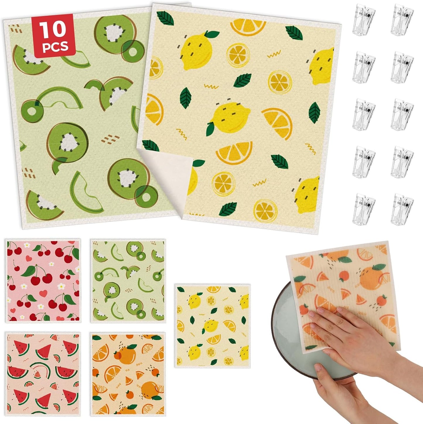 wlich 10 Pack Swedish Dishcloths, Reusable Kitchen Towels with Clips, Fruit | Non-Scratch Kitchen Towels and Dishcloths Sets, Washable Swedish Dish Cloths with Clips, for Dishes, Counters, Glass, Sink