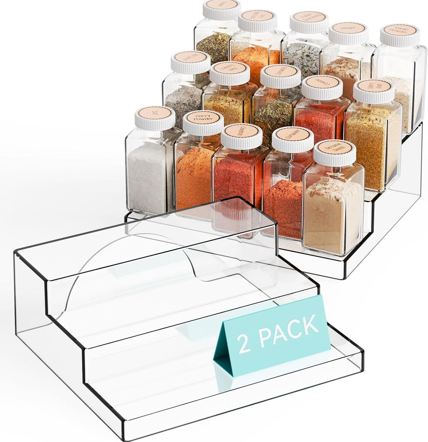 2 Pack 3 Tier Clear Acrylic Spice Rack Organizer for Cabinet and Pantry Shelf - 10.3″L Small Tiered Spice Rack and Step Shelves for Vitamin,Medicine Bottle,Jar,Can,Seasoning,Condiment Organizer