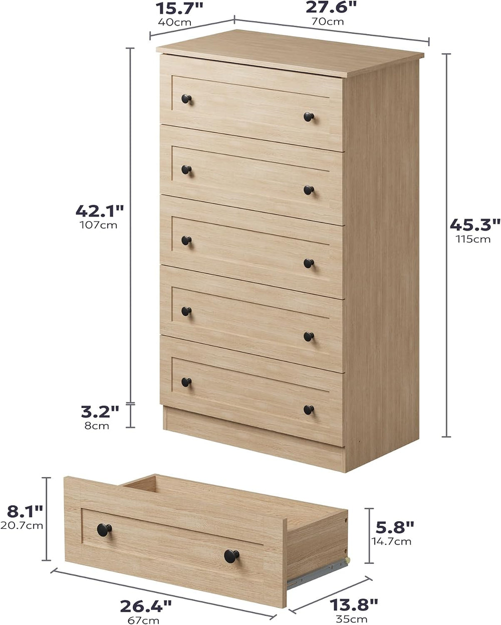 Furnify 5 Drawers Dresser, 45" Tall Modern Chest of Drawers, Farmhouse D...