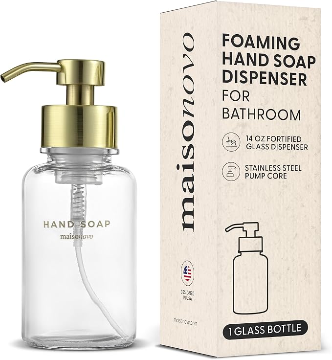 MaisoNovo Glass Foaming Hand Soap Dispenser 14 Oz | Gold Foaming Soap Dispenser by MaisoNovo-TheArtofSustainableLiving