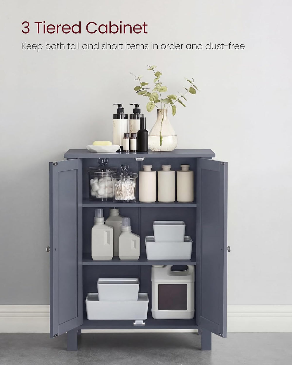 VASAGLE Bathroom Floor Storage Cabinet, 2 Adjustable Shelves,Slate Gray