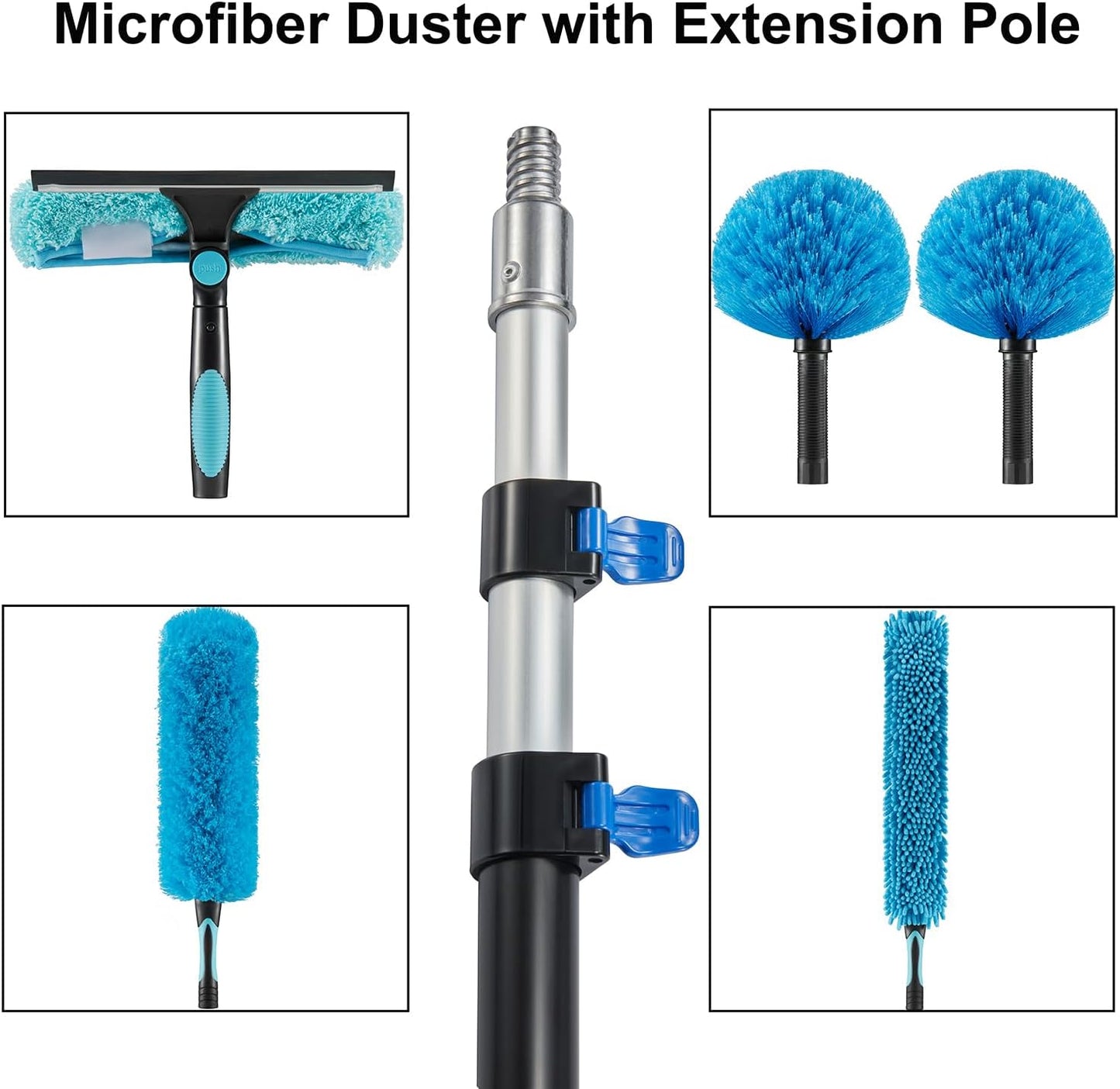 20 Foot High Ceiling Fan Duster with 5-12ft Extension Pole, Extendable Reusable Cobweb, Feather, Window Cleaning Squeegee Kit