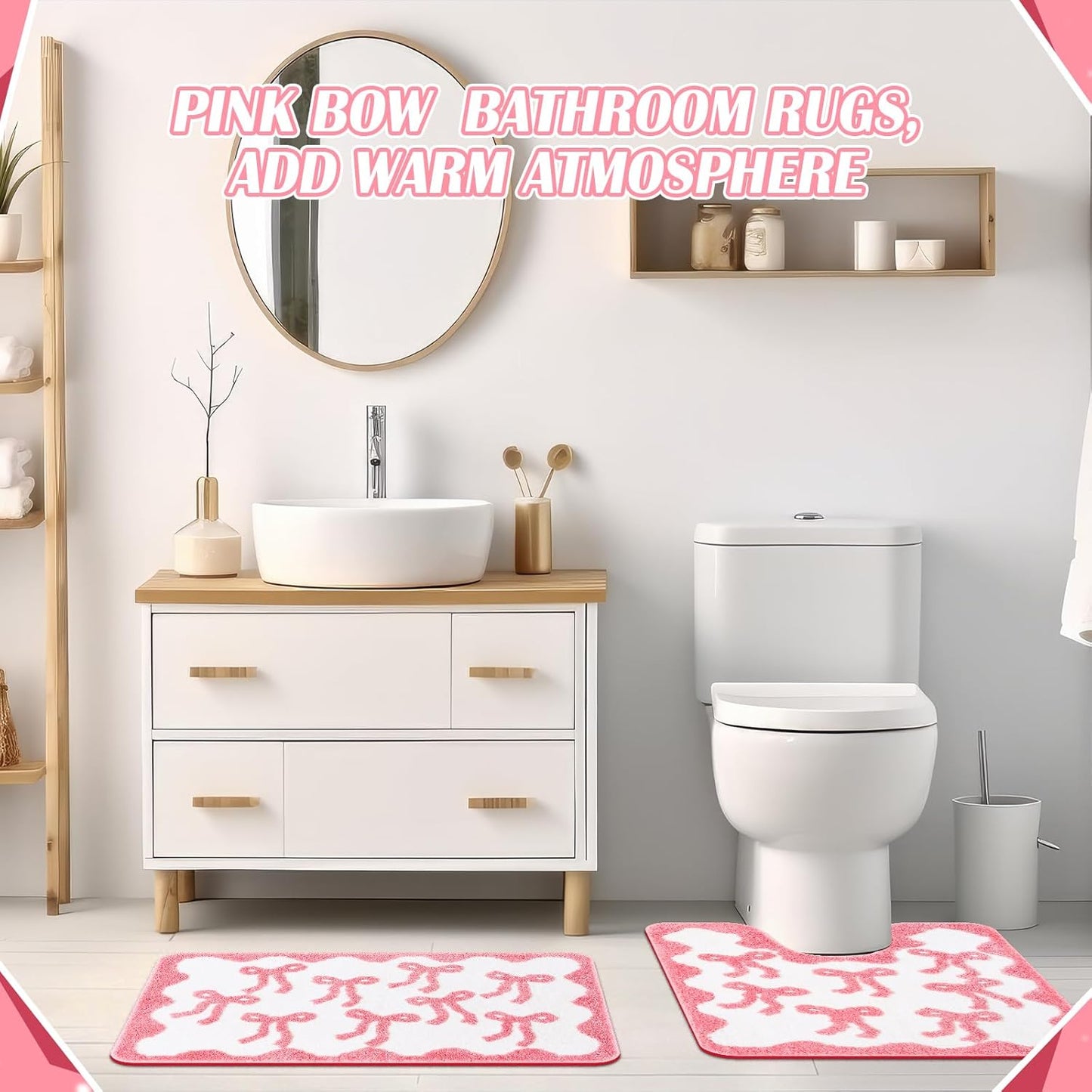 Nuanchu 3 Pcs Pink Bow Bathroom Rugs Set, Cute Bow Bath Mat Soft Non Slip Absorbent Coquette Bathroom Decor, Washable Bath Mat, U Shaped Toilet Rug for Bedroom, Living Home 31.5x20/ 24x22/ 24x17 Inch
