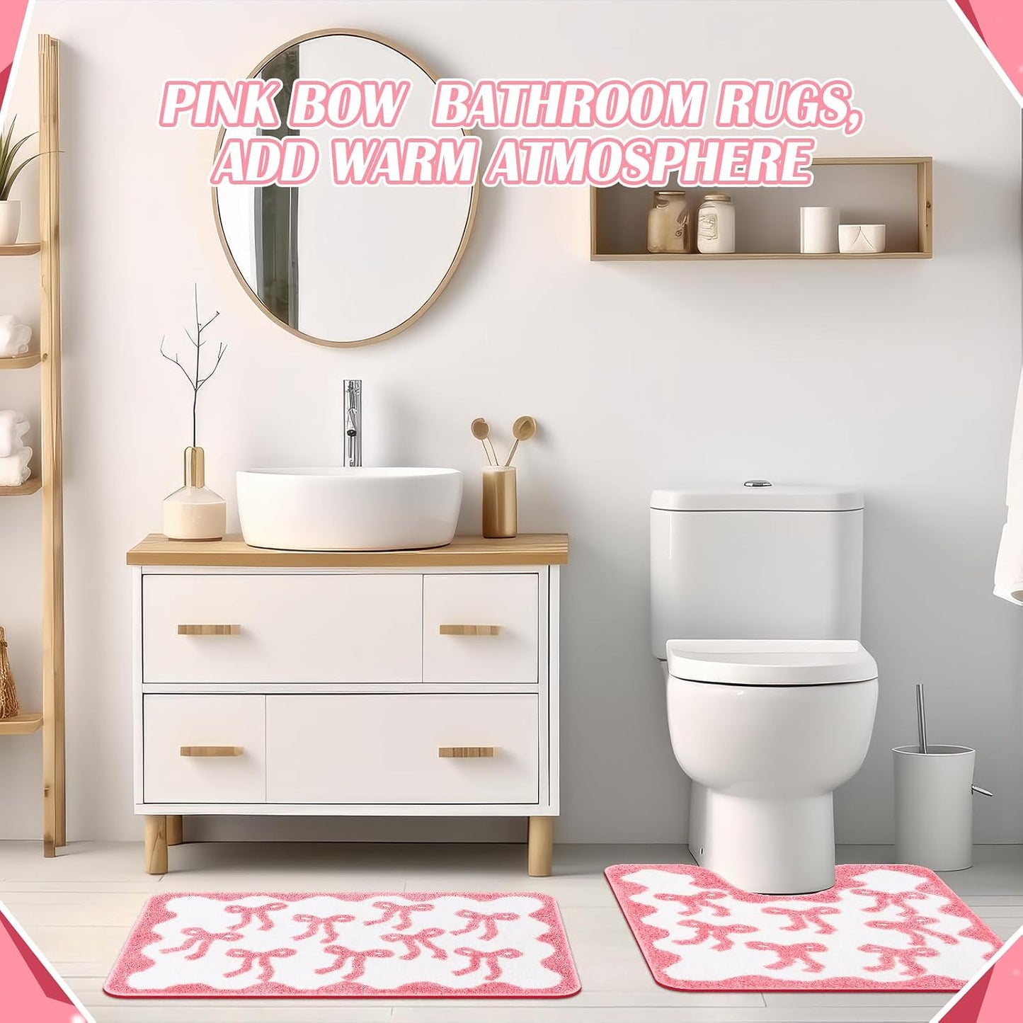 Nuanchu 3 Pcs Pink Bow Bathroom Rugs Set, Cute Bow Bath Mat Soft Non Slip Absorbent Coquette Bathroom Decor, Washable Bath Mat, U Shaped Toilet Rug for Bedroom, Living Home 31.5x20/ 24x22/ 24x17 Inch