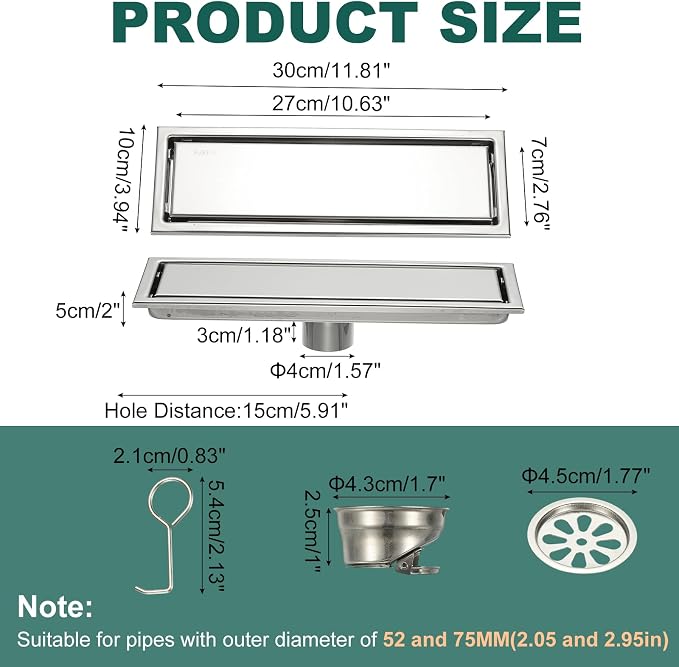 uxcell Rectangular Shower Drain, Brushed 304 Stainless Steel Odor-Proof Floor - Image 2