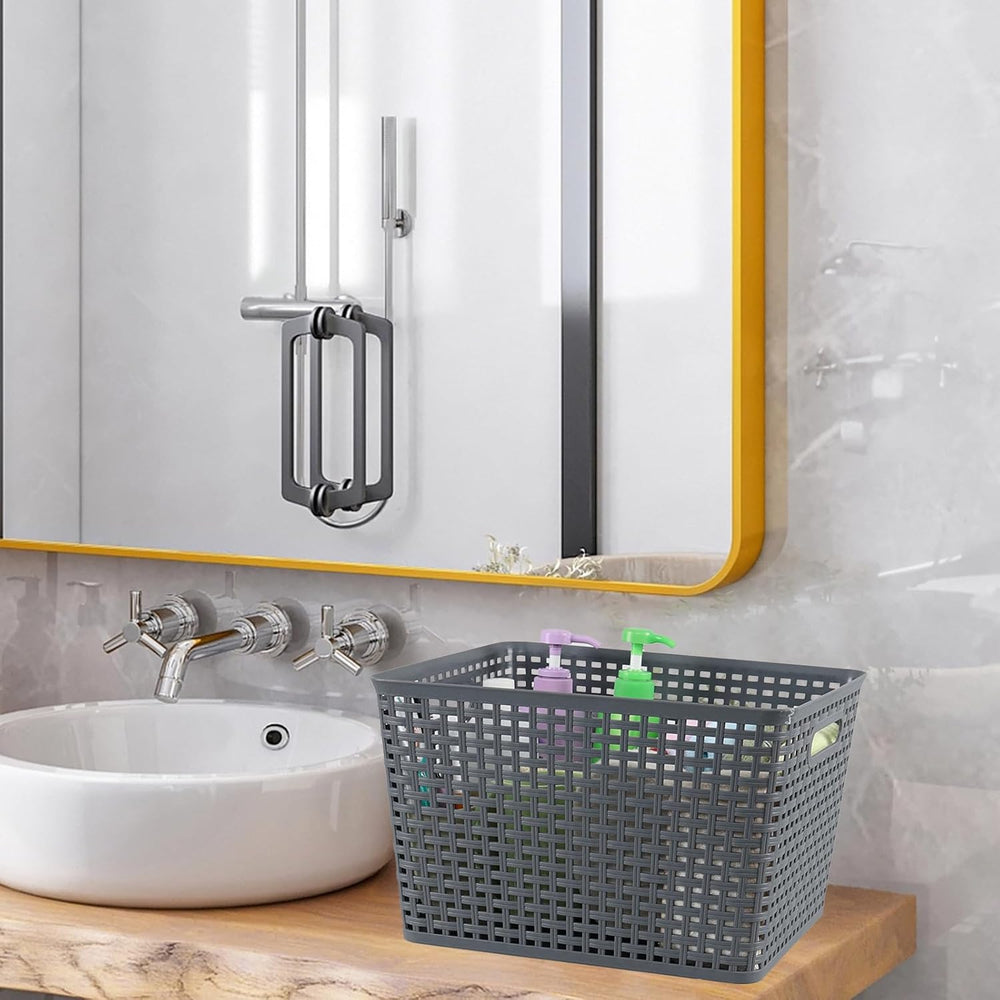 Ggbin 6-Pack Large Plastic Weave Storage Baskets Bins with Lids, Grey