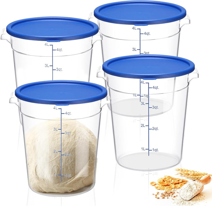 4 Pcs 4 Qt Food Storage Container Bucket with Lids Clear Proofing Containers for Dough Rise Bread with Scale Handle Round Flour Commercial Storage Bucket for Home Restaurant Food