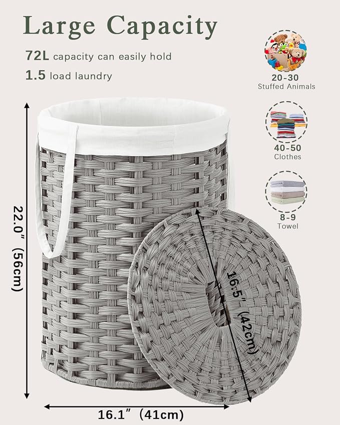Laundry Hamper with Lid Laundry Basket with Lid 19.0 Gal Round Laundry Basket - Image 4
