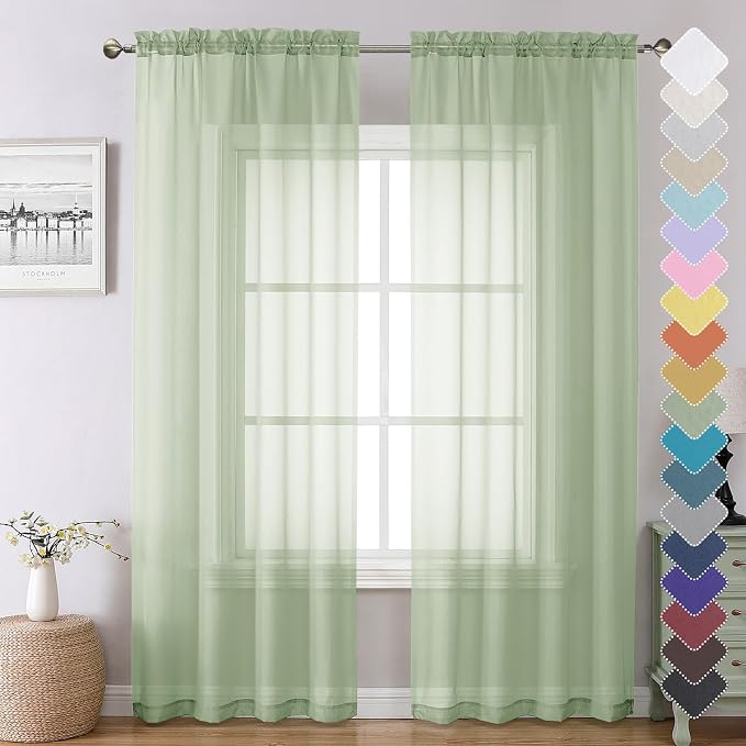 Chyhomenyc Light Green Sheer Curtains 84 Inches Long 2 Panels Set- Light by Chyhomenyc