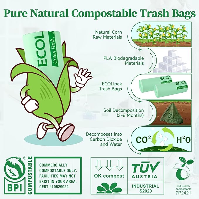ECOLipak 33 Gallon Compostable Trash Garbage Bags, US BPI ASTM D6400 and OK - Image 3