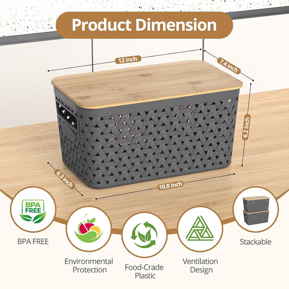 Plastic Storage Bins with Bamboo Lids, Stackable Small Box Baskets for Organi...