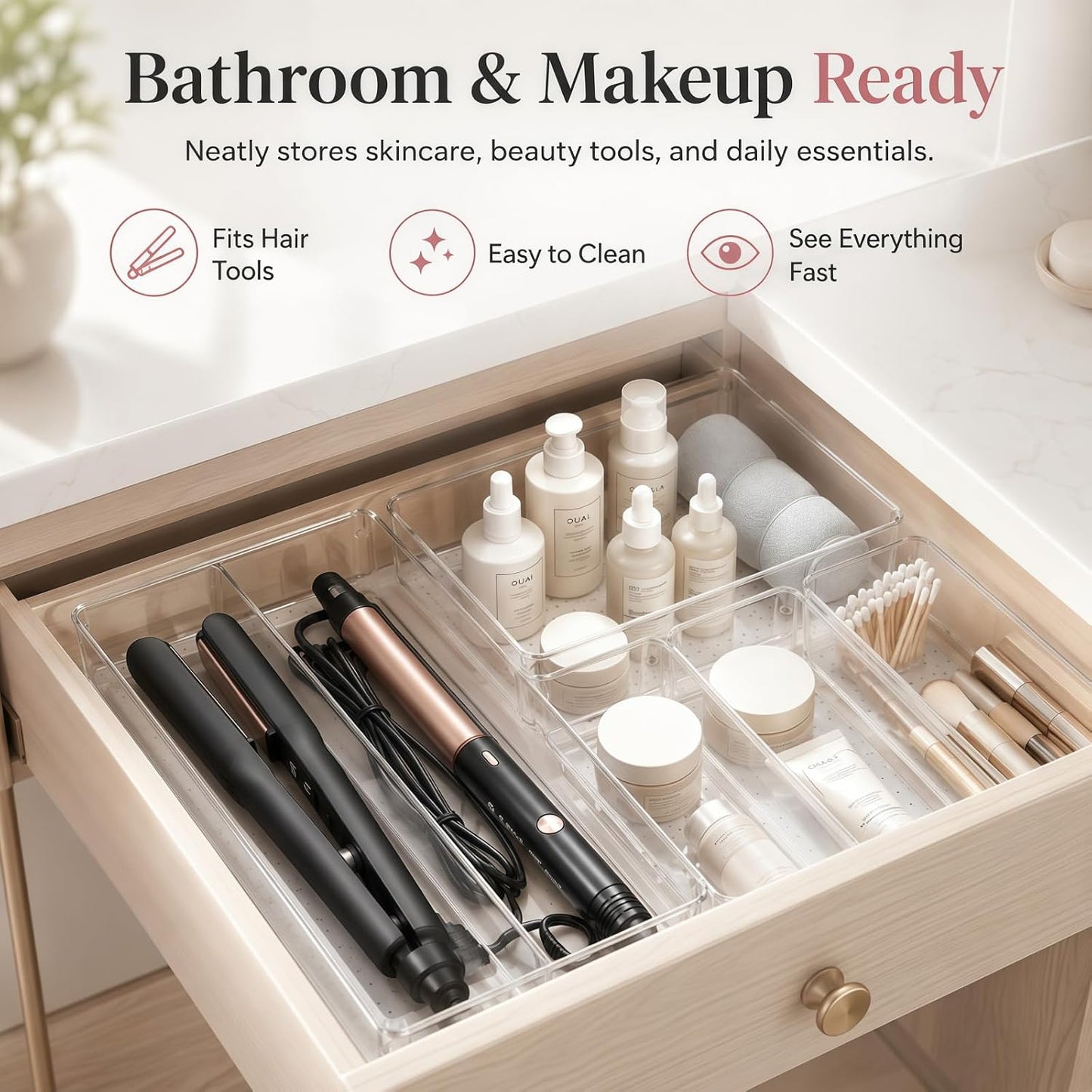 10 Pack Large Drawer Organizer Bins - Clear Plastic Bathroom Drawer Organizer Trays - Heavy Duty Kitchen Drawer Dividers for Utensils - Non-Slip Storage Bins for Makeup, Bedroom, Office Desk