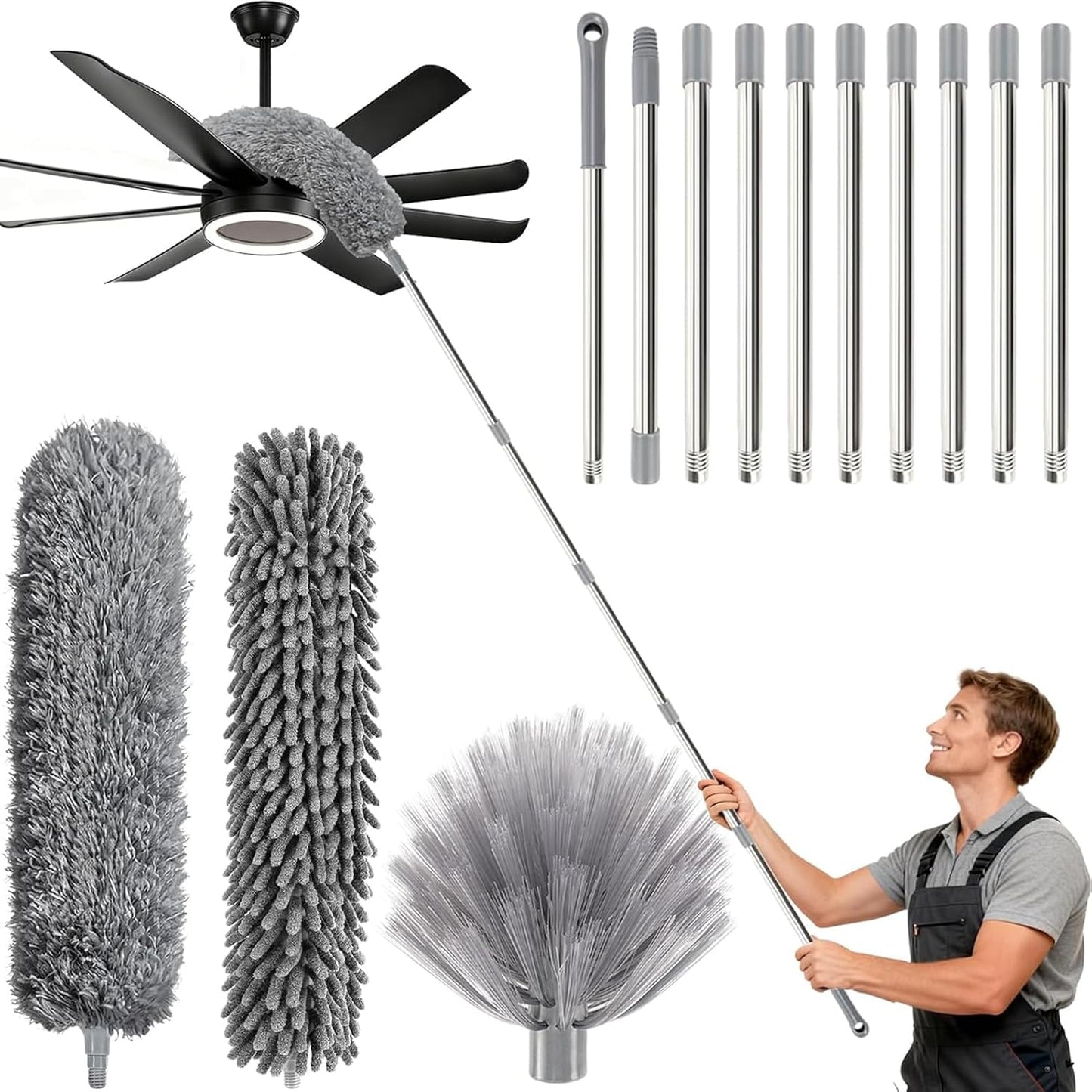 Duster with Extension Pole, Cobweb Duster with Extension pol, for Cleaning Ceiling Fans, Ceilings, Cobwebs, Furniture, Cars, etc. Long dusters for Cleaning