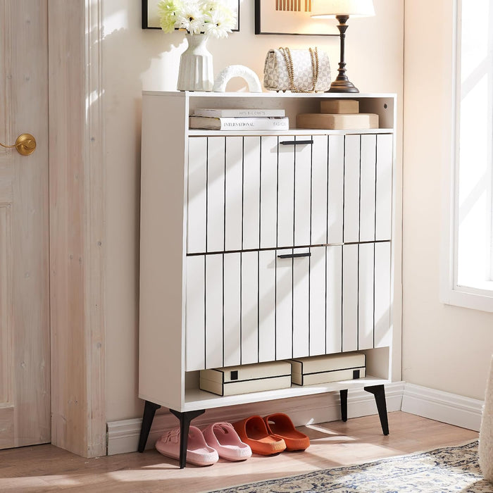 Narrow Shoe Storage Cabinet with Flip Drawers Wooden Organizer Drawer and Open Shelf Freestanding Rack Door for Entryway Hallway Mudroom Bedroom White White 2 Drawer (YXUS01K)
