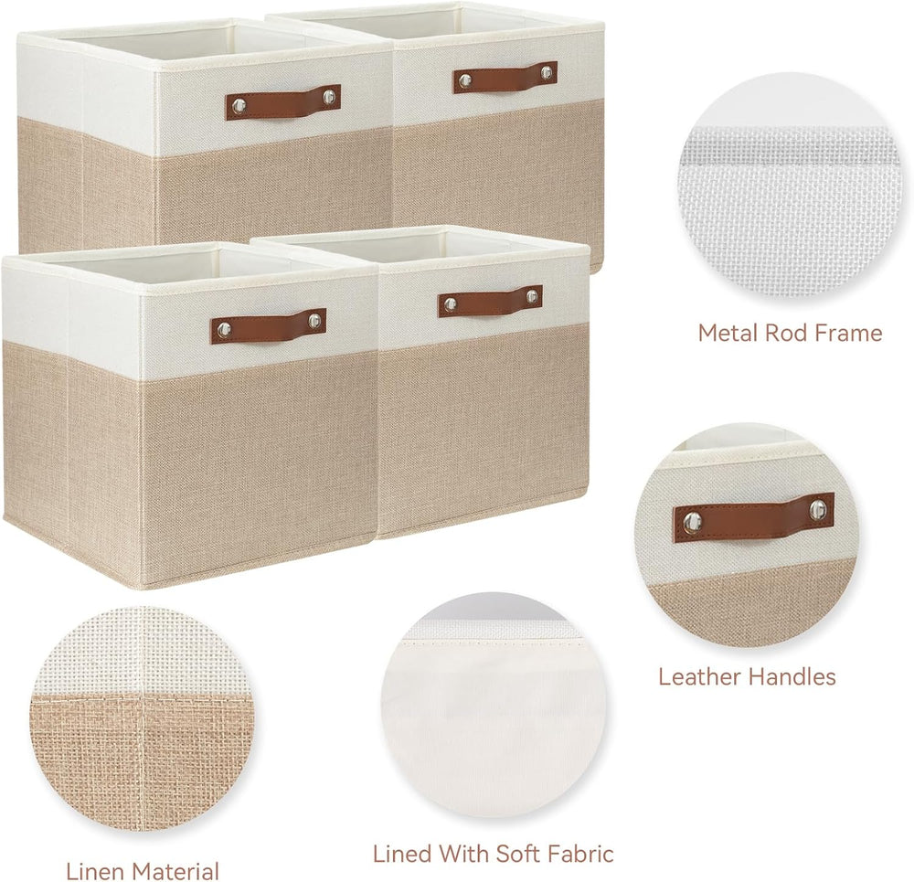 SNWDN 6 Pack Collapsible Fabric Storage Baskets with Handles (White/Beige 11x...