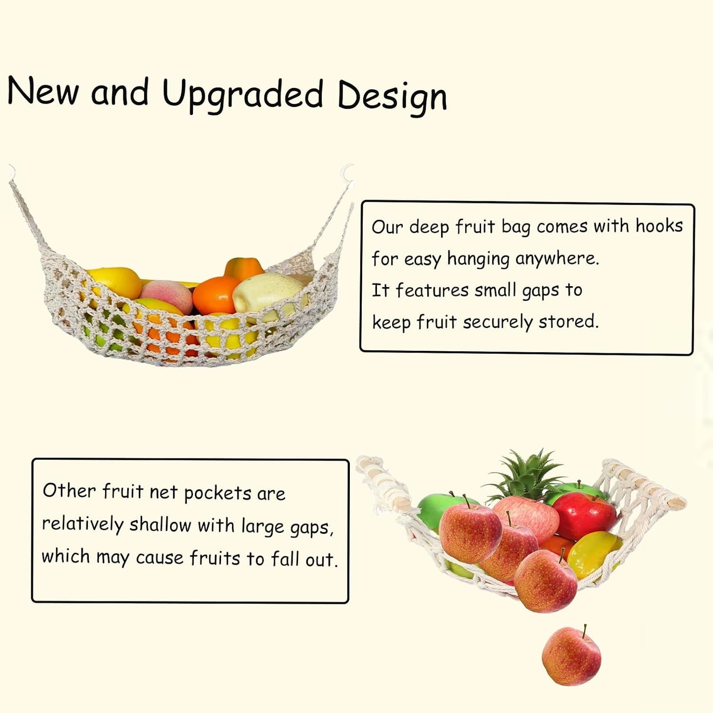 2 Pack Macrame Woven Hanging Fruit Hammock, 13×16in Beige Net | Premium Cotton Fruit Basket with 8 Hooks Under Cabinet Hanging Storage Net for Fruit Veggie Kitchen Home Boat RV